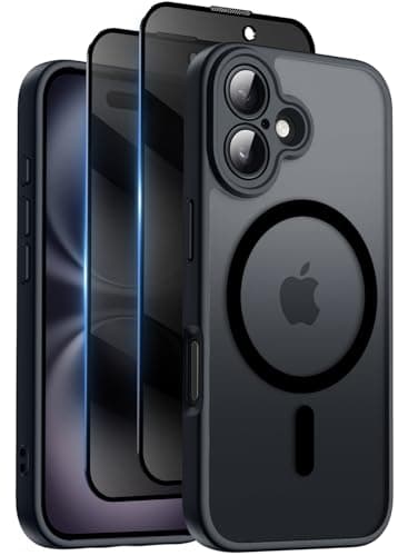 Image of Qasyfanc for iPhone 16 Plus Case with MagSafe, Privacy Screen Protectors X2, [Camera Protection] [15FT Military Drop Protection] Magnetic Translucent Matte Back Shockproof Phone Cover, 6.7", Black