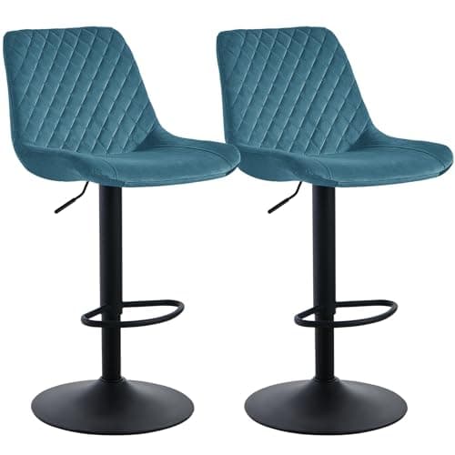 Image of JaHECOME Velvet Teal Bar Stools Set of 2- Modern Swivel Height Adjustable Barstools with Black Metal, Armless Large Padded Cushion Breakfast Counter Chairs for Kitchen Island, Pub, Restaurant, Café