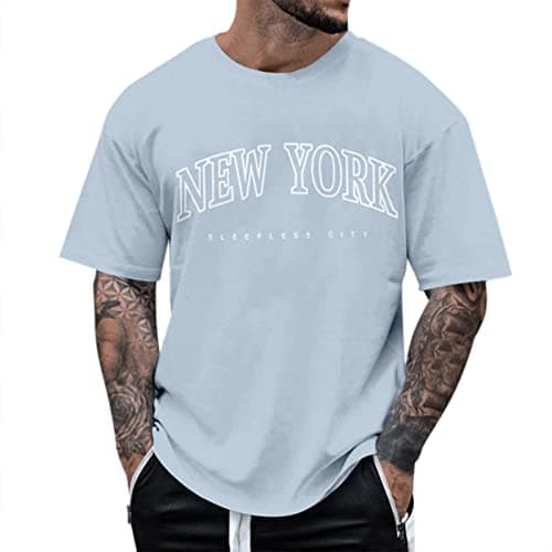 Image of Men's Athletic T-Shirts Basic Crew Neck Tees Tops Causal Distressed Cotton T Shirts for Men Aesthetic Streetwear Inspirational Tees Japanese Aesthetic Clothes (A1 Light Blue,XL)