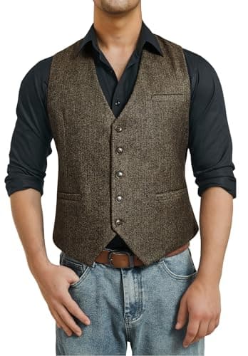 Image of HISDERN Men's Formal Suit Vest Solid Waistcoat for Mens Herringbone Waistcoats Tweed Waistcoats Brown L