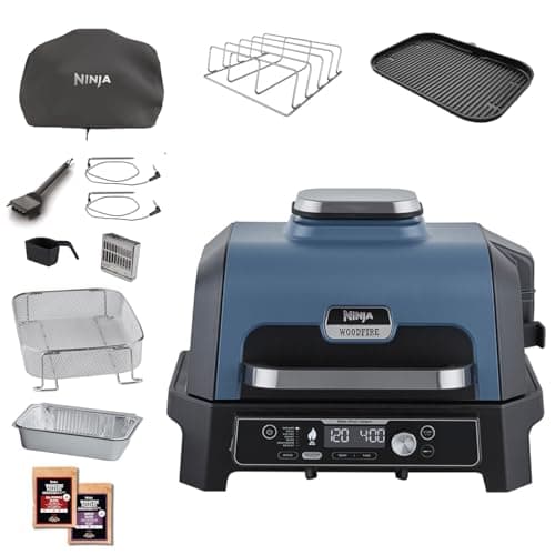 Image of Ninja Woodfire Pro Connect XL Electric BBQ Grill & Smoker with App Control, 2 Digital Probes, Rib Rack, Cover, Liners & Cleaning Brush, Large 7-in-1 Outdoor Grill & Air Fryer, Blue & Black OG901UKAMZ