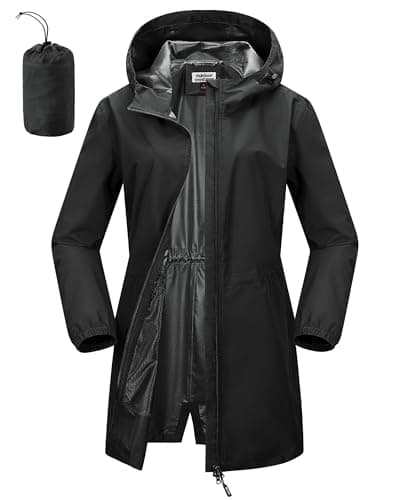 Image of Outdoor Ventures Women's Rain Jacket Waterproof Packable Rain Coat Long Lightweight Packaway Windbreaker Breathable Running Golf Cycling Jacket with Hood Black S/UK10