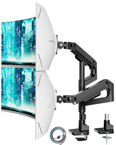 Image of ARES WING Heavy Duty Dual Monitor Arm for 17-49 Inch Monitors, Height Adjustable Long Arm for Extra Large Screen, Dual Monitor Stand with USB A/C ports, Tilt, Swivel & Rotate, Max 44LBS, VESA 75/100