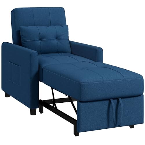 Image of HOMCOM Compact Single Chair Bed, Pull Out Bed, Convertible Sleeper Chair with Adjustable Backrest, Pillow, Side Pockets for Home Office, Bedroom, Living Room, Blue
