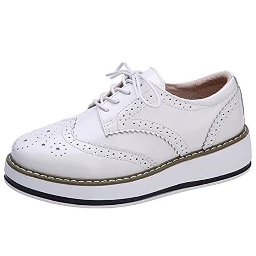 Image of ANUFER Women's Lace-Up Brogues Trainers Shoes Causal Platform Creepers White Patent SN02887 UK8
