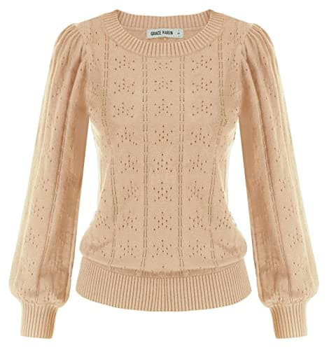 Image of GRACE KARIN Daily Office Jumper Women Autumn Winter Puffed Long Sleeve Hollowed Out Pullover Sweater Elastic Apricot M