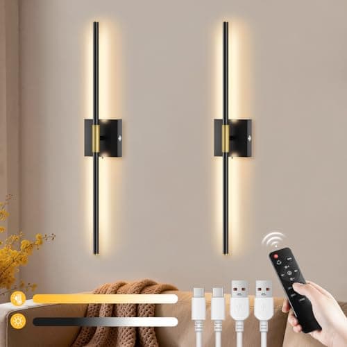 Image of Rechargeable LED Wall Lights 2 Pack - 10000mAh Battery Operated Wall Lights Indoor with Remote 3 Colour Temperatures Wireless Wall Sconces Dimmable Black Gold Wall Lamp for Living Room Bedroom Hallway