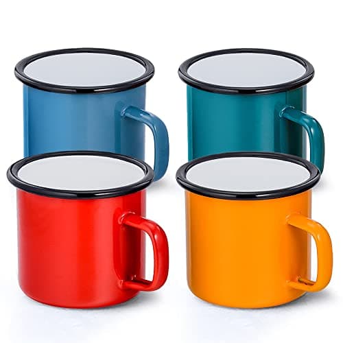 Image of Joyfair Enamel Coffee Mug Set of 4, 12oz Enamel Camping Tea Mugs in Colour Red/Blue/Green/Yellow, Lightweight Retro Cups for Travel Home Office Party, Vintage & Portable (350ml)