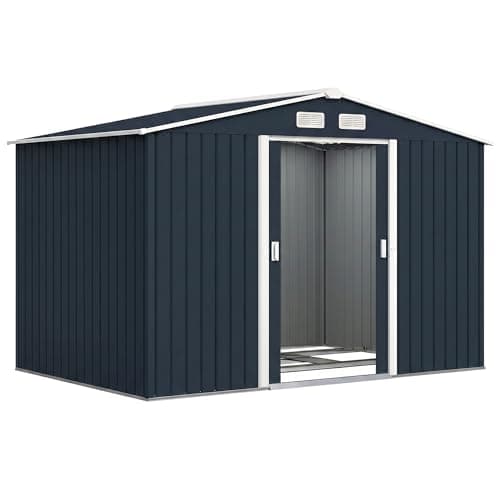 Image of Outsunny 9 x 6ft Metal Garden Shed, Waterproof Outdoor Bike Storage Shed Galvanised with Vents, Foundation Kit, Apex Roof and Lockable Double Doors for Patio Lawn, Dark Grey