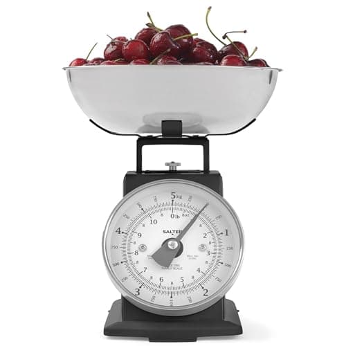 Image of Salter Timeless Mechanical Kitchen Scale – 5kg Capacity Baking Scale, 1 Litre Dishwasher Safe Bowl, Analogue Food Scale, Classic Design, Easy Read Large Dial, 22cm Height, No Batteries Needed, Black