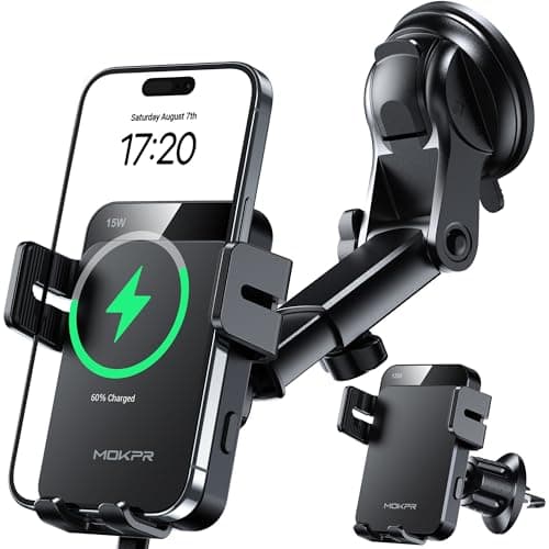 Image of MOKPR Car Phone Holder Wireless Charger, 15W Wireless Car Charger Auto Clamping, Car Phone Holder for Air Vent/Dash/Windshield for iPhone 17/16/15/14/13/12&Samsung S26/S25/S24/S23/S22(Black)