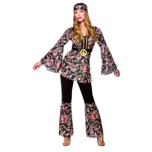 Image of Wicked Costumes Adult Womens Peace Lovin Hippie Fancy Dress Costume 1970s Flower Power Outfit for Halloween Disco Party Small (UK 10-12)