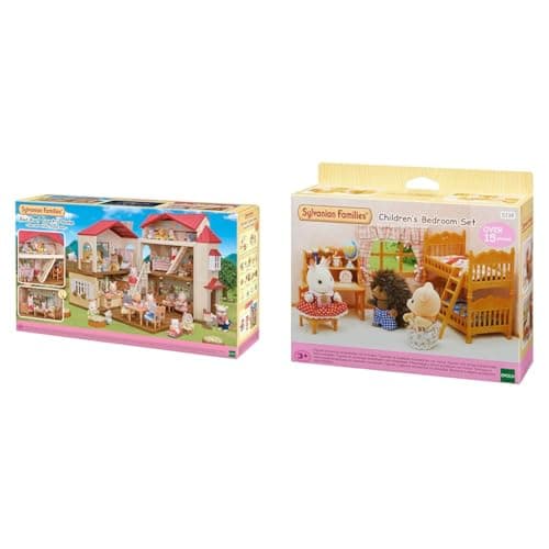 Image of Sylvanian Families 5716 Red Roof Country Home -Secret Attic Playroom- Dollhouse Playsets & 5338 Children's Bedroom Set, Multicolor
