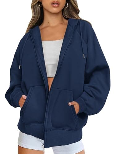 Image of Jhsnjnr Womens Zip Up Hoodie Casual Trendy Hooded Fleece Jacket Solid Color Workout Full Zipper Loose Fit Sweatshirt Navy Blue