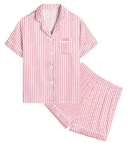 Image of SWOMOG Girls Silk Pyjamas Short Sleeve Button-Down Sleepwear Kids 2pc Satin PJ Sets Print Pyjama Pink Striped 12-13 Years