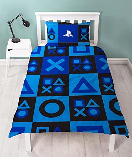 Image of PlayStation Checks Single Duvet Cover Controller Icons Design - Officially Licensed Reversible Bedding set with matching Pillowcase
