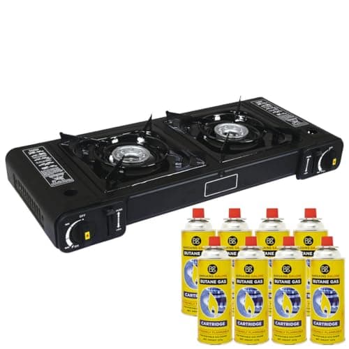 Image of Portable Double Gas Cooker Stove + 8 Butane Gas Bottles Canisters - For Outdoor Camping, Fishing, Caravan & BBQ | Premium Burner, Automatic Ignition & Heater Control, EN417 Compliant - Black Grill