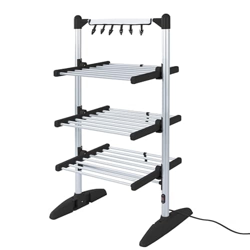 Image of Duronic CA30 BK Electric Clothes Airer 3 Tier Heated Indoor Laundry Drying Rack with Washing Pegs 300W Foldable Sock Hanger Lightweight Garment Dryer Stand for Hats Gloves Small Spaces Home