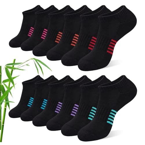 Image of Effeet Bamboo Trainer Socks Womens 6 Pairs, Breathable Cushioned Ladies Ankle Socks, Anti Blister Short Athletic Sports Running Sock, Low Cut Summer Walking Sock, Black 6-8
