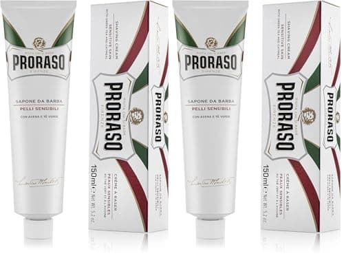 Image of Proraso Shaving Cream Tube, 150ml, Sensitive Shaving Cream for Men Protects Skin, Formula with Oat and Green Tea Extracts, Made in Italy, White (Pack of 2)