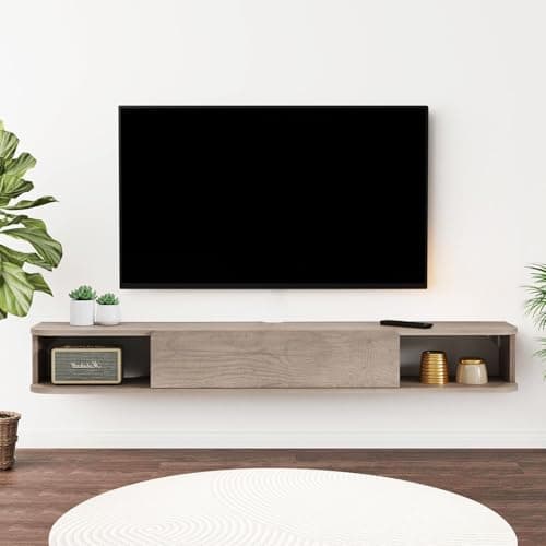Image of Pmnianhua Floating TV Shelf, Wall Mounted TV Cabinet, Floating Shelves with Door, Modern Entertainment Media Console Center Large Storage Under TV (140cm, Rustic Oak)