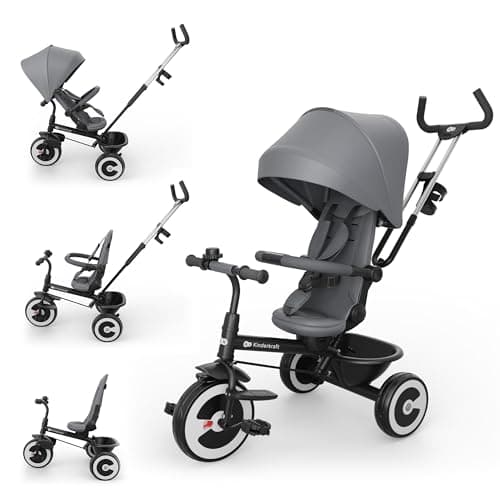 Image of Kinderkraft ASTON 2 PRO Tricycle, 360° Rotating Seat, Reclining Both Directions, Adjustable Parent Handle, Freewheel Pedals, Canopy with Window, 9 Months to 5 Years, Grey