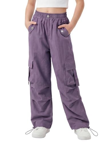 Image of JiAmy Girls Cargo Trousers, Wide Leg Elastic Waist Casual Baggy Trousers Stretch Dance Joggers Y2k Kids Pants for 7-8 Years, Purple