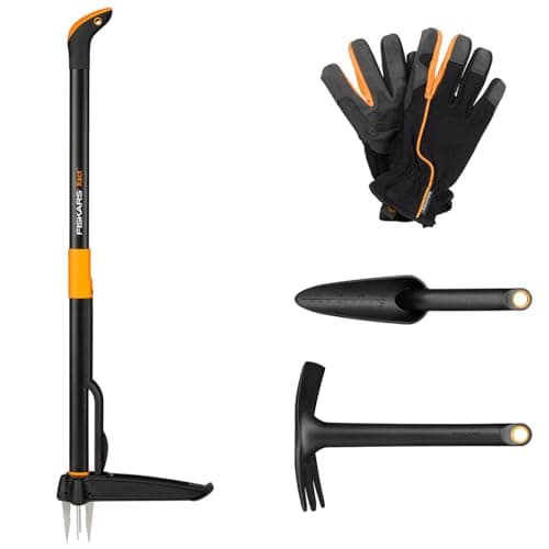 Image of Fiskars garden tool set, 4-piece, Xact weeder, stainless steel/plastic, Solid combination hoe and trowel, FiberComp, garden work gloves, size: 10, black/orange, 1077308
