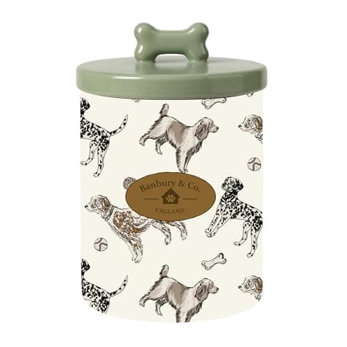 Image of Banbury & Co Ceramic Dog Treat Jar | 1.6L Pet Food Storage Container | Airtight Lid Keeps Treats Fresh | Stylish Dog Print Design | 13.8 × 13.8 × 19.3cm