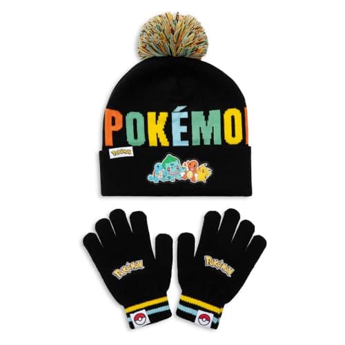 Image of Pokémon Boys Hat & Gloves Set – Kids Bobble Beanie Hat with & Stretch Gloves, Black Winter Knit Accessories Set, 100% Acrylic, One Size