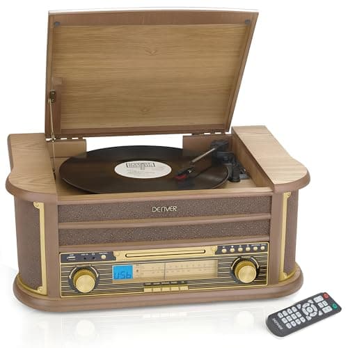 Image of Denver 9-in-1 CD Bluetooth Cassette Player Retro Wooden Record Player HiFi System – 3 Speed Vinyl Turntable & Cassette With CD Player, FM/AM Radio, MP3 USB Recording, AUX IN And Line Out – MCR-50BT
