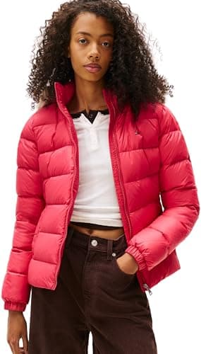 Image of Tommy Jeans Women's Tjw Basic Hooded Down Jacket Ext Dw0Dw18312 Puffer, Red (Vintage Cerise), XL