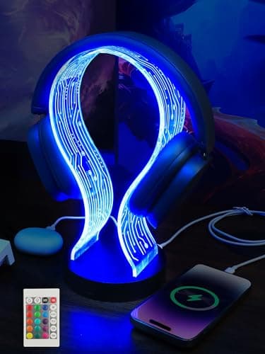 Image of YuanDian RGB Headphone Stand with 1 USB Charging Port and 1 Type-C Charging Ports, Desk Gaming Headset Holder with 16 Changing Colors by Remote, Gift for Gamers Men and Music Lovers