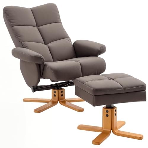 Image of HOMCOM PU Leather Swivel Recliner Chair with Footstool, Wooden Base and Storage for Living Room, Brown