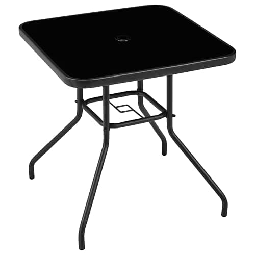 Image of Yaheetech Outdoor Dining Table with Umbrella Hole, 70x70cm Square Bistro Patio Table w/Silk Printing Glass Top for Poolside Balcony Backyard, Black