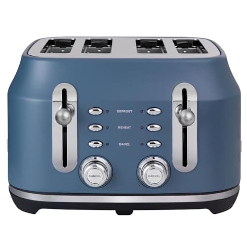 Image of Rangemaster Classic Toaster in Matt Stone Blue with Extra-Wide Slots, 6 Browning Levels, Lift-and-Look Feature, Anti-jam Function, Removable Crumb Tray and 3 Auto-Settings, RMCL4S304SB
