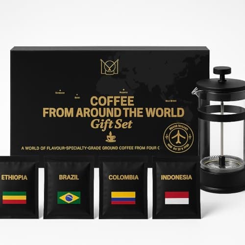 Image of World Coffee Gift Set with French Press Coffee Maker – 4 Finest Single Origins | Premium Ground Coffee Gift Box Cafetiere | Hamper Style Ultimate Xmas Gift idea for Men, Dads, Coffee Lovers & Foodies