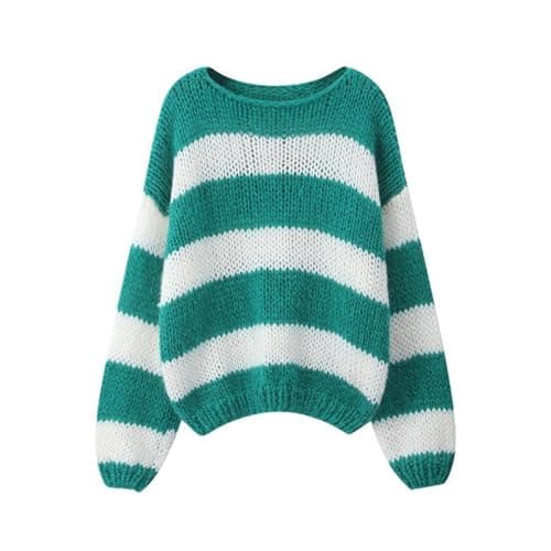 Image of FeMereina Women's Knit Striped Sweater Oversized Color Clock Long Sleeve Crewneck Pullover Jumpers Cute Trendy Sweater (Green, S)