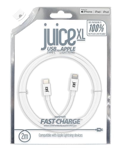 Image of Juice USB Type C - Apple Lightning, 2m Charger and Sync Cable for Apple iPhone 14, 14 Pro, 13, 13 Pro, 12, 12 Mini, SE, 11, XS, XR, X, 8, 7, 6, 5, iPad, Airpods Pro - White