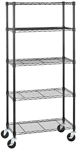 Image of Amazon Basics 5-Shelf Medium Storage Unit on 4-inch Casters with Height Adjustable Shelves and Levelling Feet - 680kg Max Weight, Black, 76.2 cm D x 35.6 cm W x 164.5 cm H