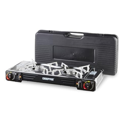 Image of Geepas Portable Camping Gas Stove, Double Burner – BBQ Cooker, Outdoor Grill Plate – Automatic Ignition System, Butane Can - BBQ Caravan Outdoor