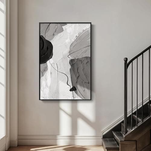 Image of JACBON Minimalist Gray Pictures Large Framed Black and White Modern Abstract Vertical Wall Art for Living Room, Canvas Print 30x40cm（12x16inch withblackborder