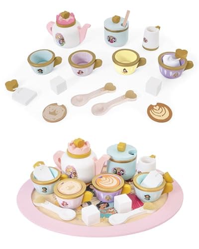 Image of Disney Princess Wooden Tea Set – Pretend Play Tea Party Toy for Kids – Includes Teapot, Cups, Saucers, Spoons & Tray – Imaginative Role Play Set for Girls & Boys – Ages 3+, Pink