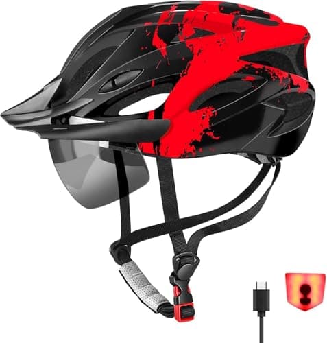 Image of RaMokey Bike Helmet for Men and Women, Lightweight Cycle Helmet with LED Light Magnetic Goggle Sun Visor, Mountain & Road Bicycle Helmets for Adult Cycling Adjustable Size 57-62cm (Red)