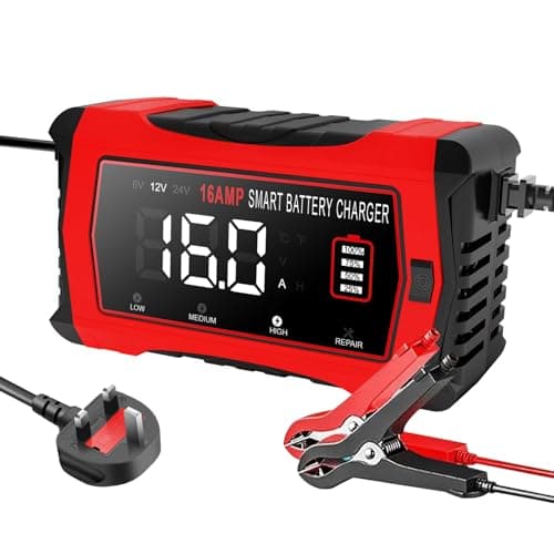 Image of 16A Car Battery Charger, 6V/12V/24V Battery Charger for Lead Acid with Temperature Compensation, Smart Ten-Stage Trickle System,Suitable for Cars, Trucks, Lawn Mowers, Boats, And Marine Equipment