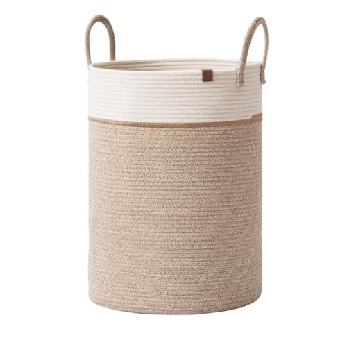 Image of La Jolíe Muse Large Storage Basket - Cotton Rope Laundry Basket with Handle for Diaper Blanket Toy Towel Woven Laundry Basket Home Decor, White & Desert-L