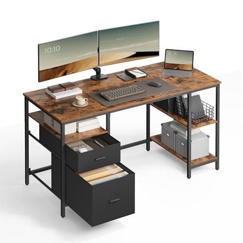 Image of VASAGLE Computer Desk, Office Desk, Writing Desk with 3 Shelves, 2 Drawers, 60 x 140 x 76 cm, for Home Office, Living Room, Industrial Style, Rustic Brown and Ink Black LWD104B01