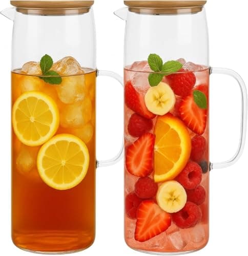 Image of 2 Pack Glass Pitcher with Lid, 1.5L Water Jug with Handle Hot and Cold Beverage Clear Water Jar Borosilicate Glass Jug for Fridge Iced Tea Juice Milk Coffee Lemonade