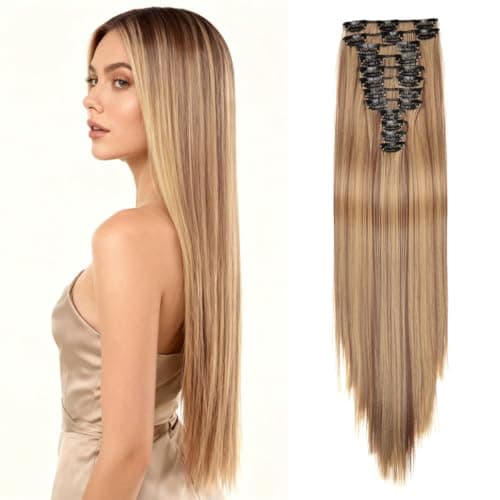 Image of Hair Extensions Clip In 22 Inch Long Straight Clip in Hair Extensions Light Blonde with Golden Highlights Synthetic Fiber 12 PCS 180g Hairpiece for Women