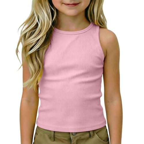 Image of Girls Tops Girls Tank Tops Athletic Tank Tops Racerback Round Neck Sleeveless Undershirts Tops Dance Workout Yoga Shirts for Teens, pink, 7-8 Years